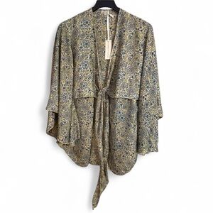 KARMA HIGHWAY Green & Blue Floral Medallion Silky Kimono w/ Tie Duster Sz OS NWT